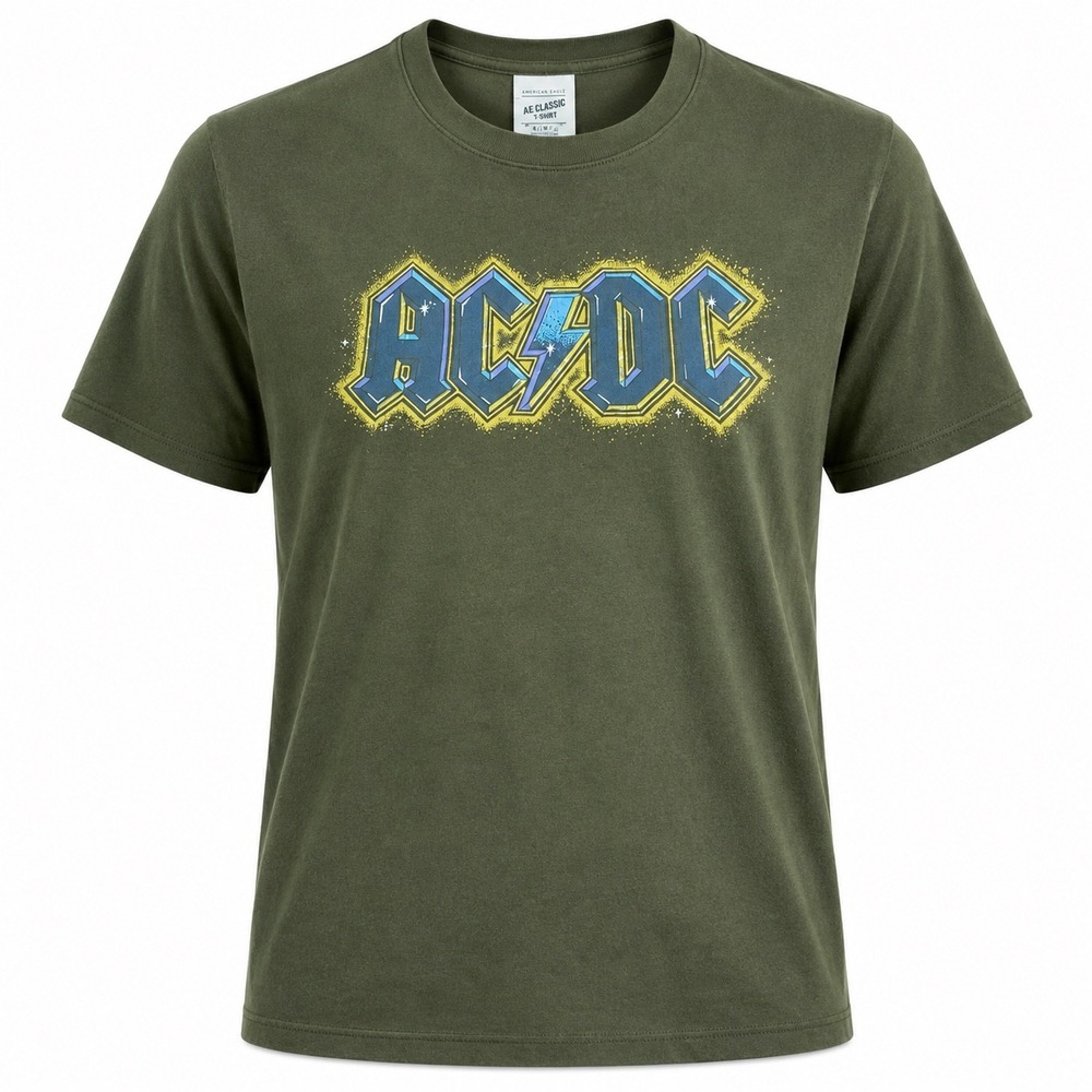 American Eagle Men's ACDC Band Tee S Cotton Green Rock Graphic Shirt Grunge Edgy